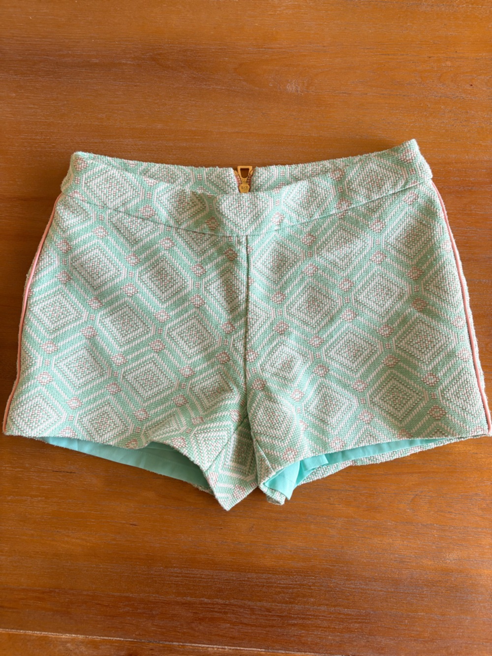 Sail to Sable Mint and Pink Geometric High-Rise Shorts with Gold Zip